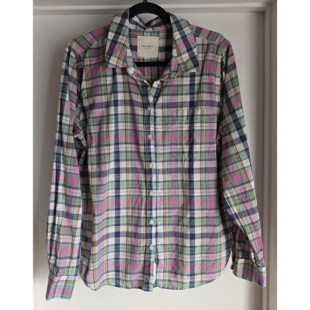 Lucky Brand Women M Plaid Collared Long Sleeve Button-Up Shirt Top Blouse